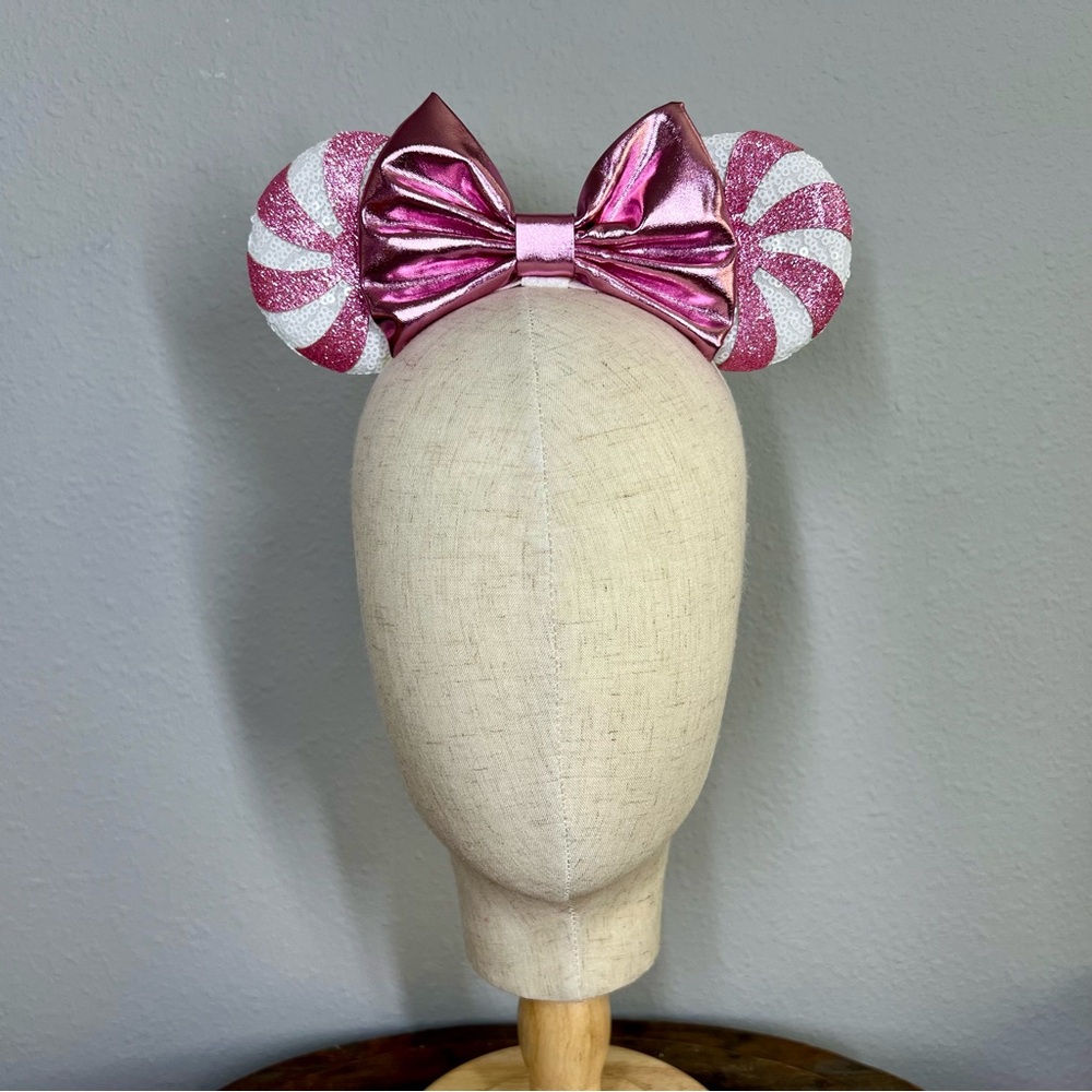 Festive Holiday Pink Candy Cane Sugar Plum Fairy Mouse Ears - Elastic Headband - Picture 2 of 7